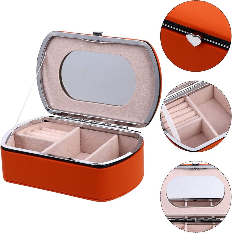 Portable Jewelry Box Leather with Mirror Mini Storage Box Trinket Keepsake Storage Organizer for Ring Bracelet Necklace Earrings Orange - Image 2