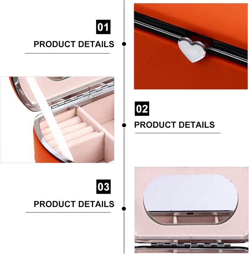 Portable Jewelry Box Leather with Mirror Mini Storage Box Trinket Keepsake Storage Organizer for Ring Bracelet Necklace Earrings Orange - Image 5
