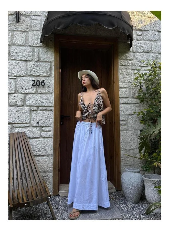 mina aise White %100 Organic Elastic Rope Detailed Long Skirt 29266.