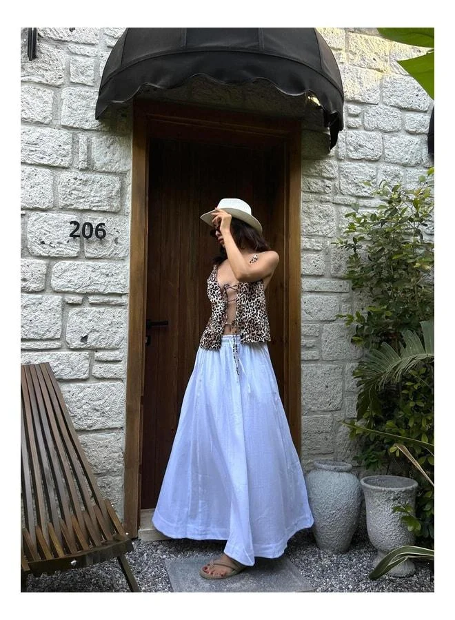 mina aise White %100 Organic Elastic Rope Detailed Long Skirt 29266.