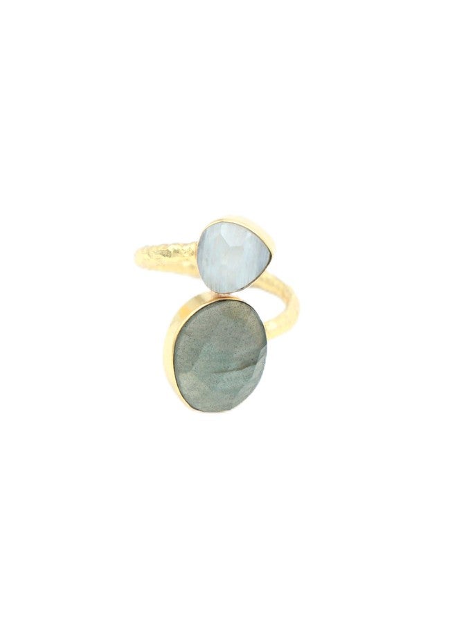 Dua Handmade Labradorite & Rainbow Moonstone Ring - Adjustable Gold-Plated Dual Stone Oval & Pear Ring - Image 1