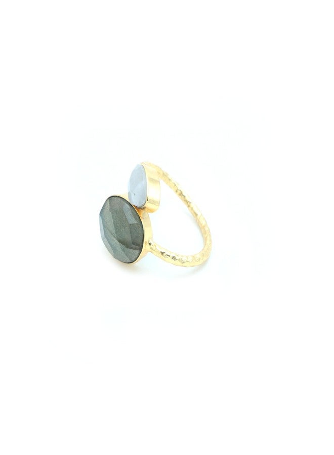 Dua Handmade Labradorite & Rainbow Moonstone Ring - Adjustable Gold-Plated Dual Stone Oval & Pear Ring - Image 4