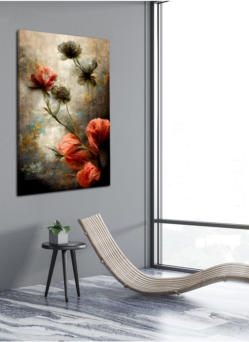 LOWHA Canvas Wall Art Stretched Over Wooden Frame with Red Flowers Painting  - Image 2