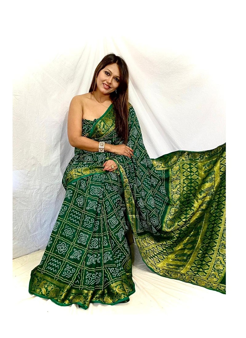 Grab Mantra Green Silk Gharchola Print Saree with golden Border Plus Unstitched Blouse 
