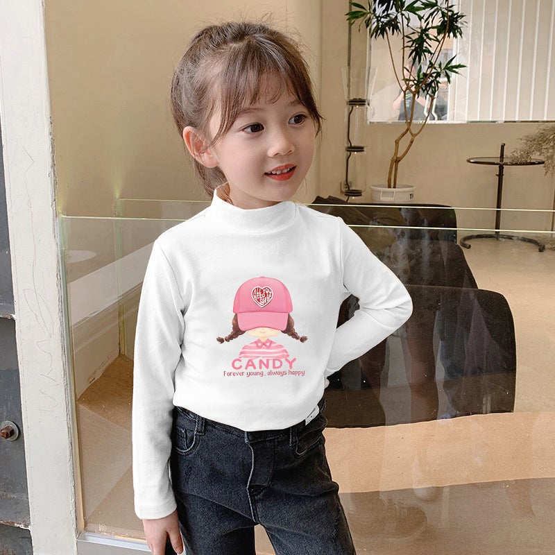 Girls' Semi-High Collar Velvet Casual Long-Sleeved T-Shirt Autumn New Arrival Medium And Large Children'S Wear Cartoon Printed Western Style Girls' Trendy T-Shirt - Image 3