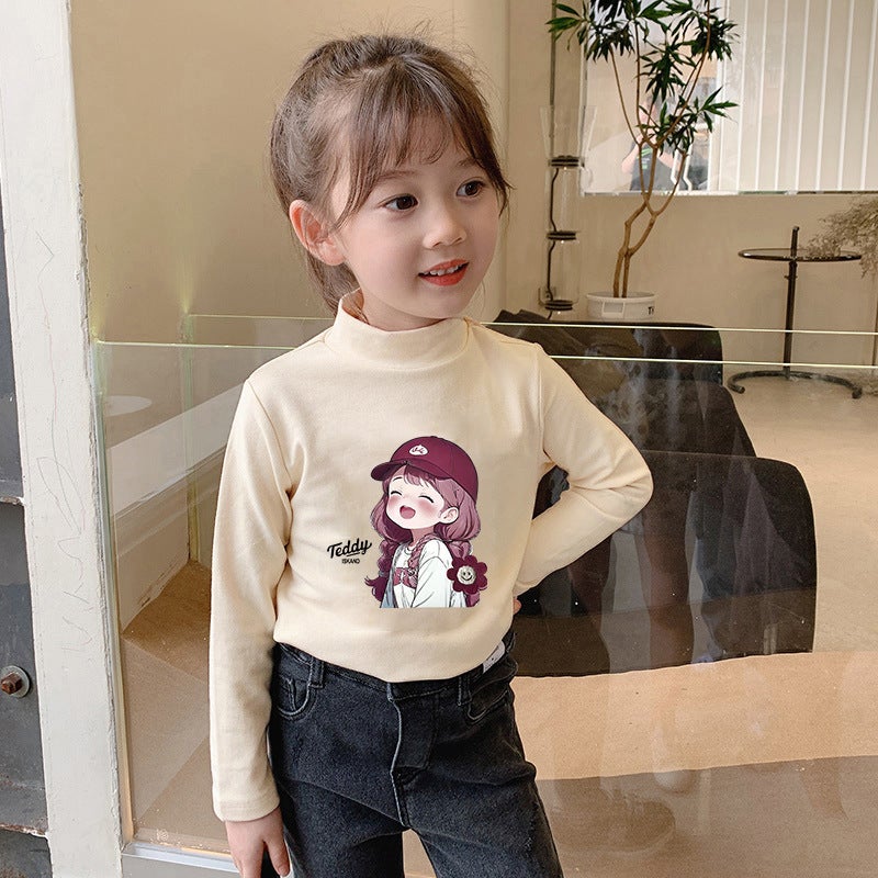 Girls' Semi-High Collar Velvet Casual Long-Sleeved T-Shirt Autumn New Arrival Medium And Large Children'S Wear Cartoon Printed Western Style Girls' Trendy T-Shirt - Image 1