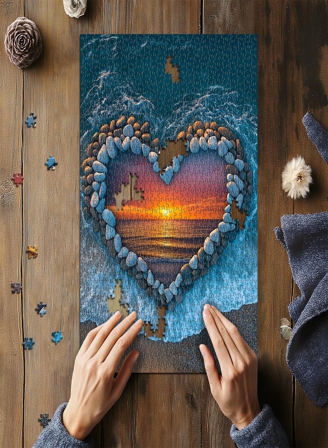 PICKFORU Beach Sunset Puzzles for Adults 1000 Piece, Ocean Heart Colorful Sunset Jigsaw Puzzle Scenic Scenery, Summer Marine Love Themed - Image 4