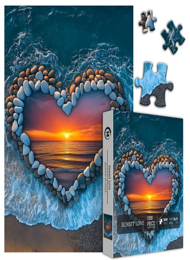 PICKFORU Beach Sunset Puzzles for Adults 1000 Piece, Ocean Heart Colorful Sunset Jigsaw Puzzle Scenic Scenery, Summer Marine Love Themed - Image 2