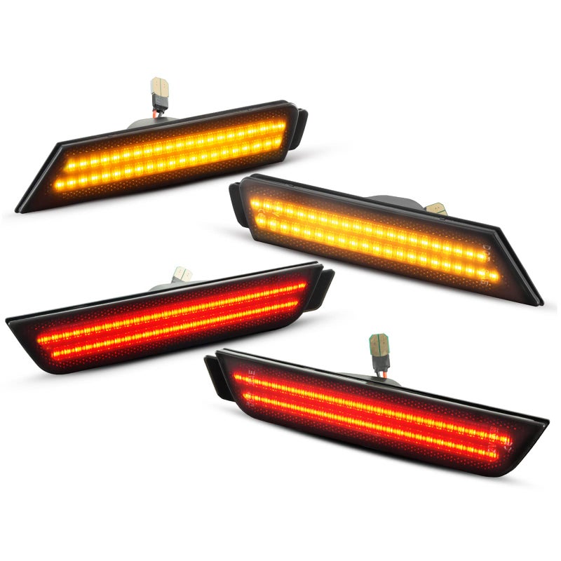 أضواء علامة جانبية LED لمصابيح الصدام الأمامي والخلفي متوافقة مع شيفروليه كامارو 2010-2015 مع عواكس حمراء وبرتقالية شرائط مصابيح مزدوجة 4 قطع عدسة مدخنة