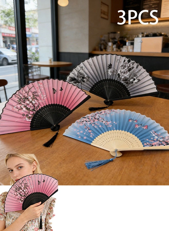 KANGLI 3 Pcs Floral Folding Hand Fans Chinese Style Bamboo Folding Fan Handheld Fabric Folding Fan with Tassel Vintage Pattern Hand Fan Hollowed Bamboo Hand Holding Fan - Image 1