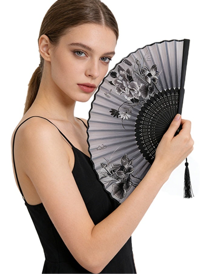 KANGLI 3 Pcs Floral Folding Hand Fans Chinese Style Bamboo Folding Fan Handheld Fabric Folding Fan with Tassel Vintage Pattern Hand Fan Hollowed Bamboo Hand Holding Fan - Image 2