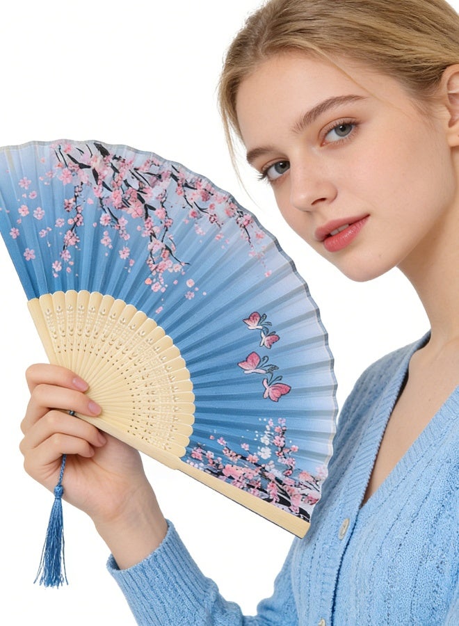 KANGLI 3 Pcs Floral Folding Hand Fans Chinese Style Bamboo Folding Fan Handheld Fabric Folding Fan with Tassel Vintage Pattern Hand Fan Hollowed Bamboo Hand Holding Fan - Image 3