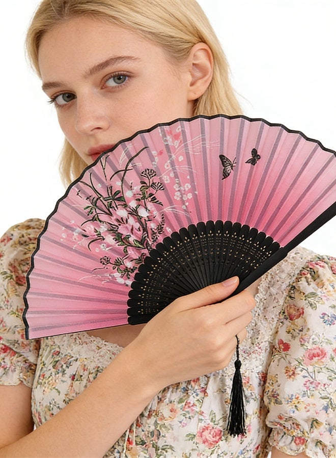 KANGLI 3 Pcs Floral Folding Hand Fans Chinese Style Bamboo Folding Fan Handheld Fabric Folding Fan with Tassel Vintage Pattern Hand Fan Hollowed Bamboo Hand Holding Fan - Image 4