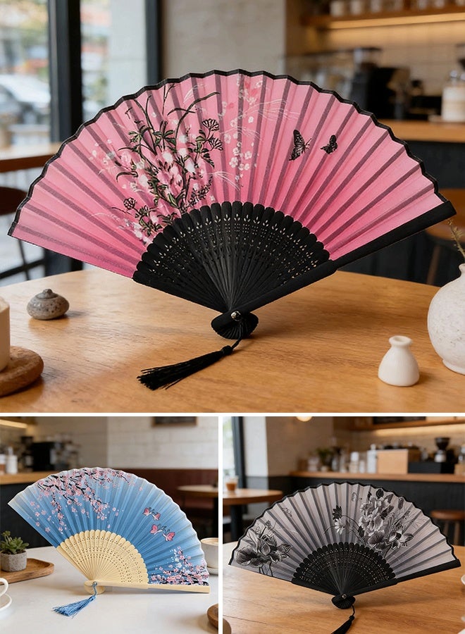 KANGLI 3 Pcs Floral Folding Hand Fans Chinese Style Bamboo Folding Fan Handheld Fabric Folding Fan with Tassel Vintage Pattern Hand Fan Hollowed Bamboo Hand Holding Fan - Image 5