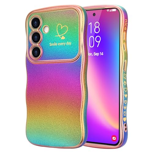 LCHULLE for Samsung Galaxy S24 Case for Women Girls Cute Wave Frame Curly Shape with Love Heart Raised Camera Protection Cover Luxury Plating Shockproof Case for Galaxy S24 5G Colorful Dark Purple - Image 1