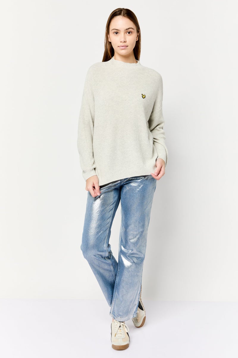 Lyle & Scott Women Mock Neck Brand Logo Sweater, Light Grey - Image 3