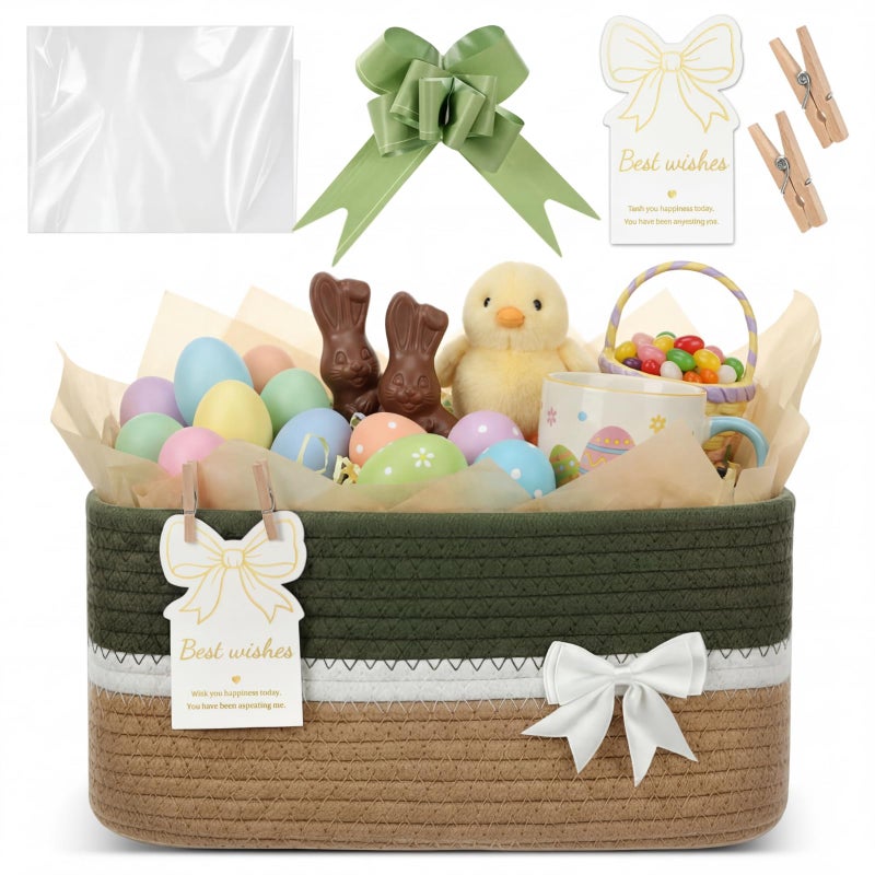 Colingmill Graduation Small Woven Gift Basket for Nursery Room with Tissue Paper Wooden Clips Greeting Card Empty Bow Basket for Birthday Wedding 12 x 8 x 6 InchesGreen - Image 2