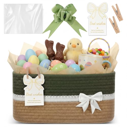 Colingmill Graduation Small Woven Gift Basket for Nursery Room with Tissue Paper Wooden Clips Greeting Card Empty Bow Basket for Birthday Wedding 12 x 8 x 6 InchesGreen - Image 1