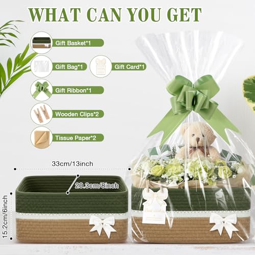 Colingmill Graduation Small Woven Gift Basket for Nursery Room with Tissue Paper Wooden Clips Greeting Card Empty Bow Basket for Birthday Wedding 12 x 8 x 6 InchesGreen - Image 3