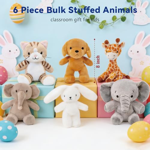 AmyToo 6 Pcs Stuffed Animals Bulk 8 Inch Small Stuffed Safari Animals Zoo Stuffed Animals Set Cat Dog Elephants Giraffe Bunny Baby Shower Party Decor Easter Gift for Classroom Kids Teens Girls - Image 3