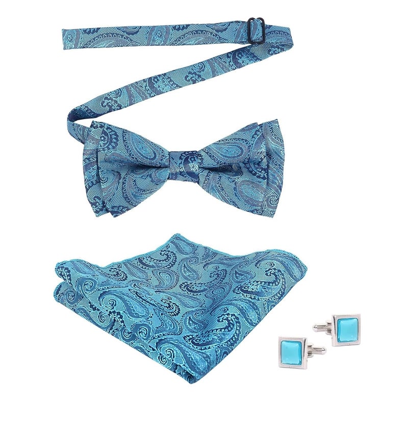 Riyasat- Men's Paisley Design Bow Tie and Pocket Square with Cufflinks Set - Image 3