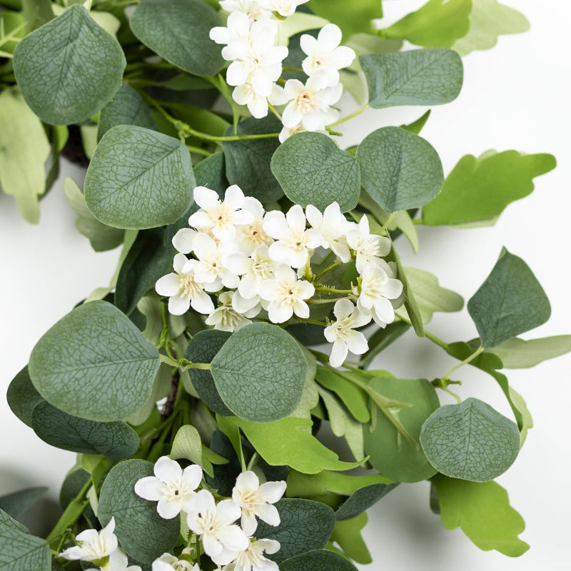 YUGALI 24â€™â€™ Spring Wreaths for Front Door - Artificial Green Eucalyptus with White Cherry Blossom, Daisy & Lavender, Grapevine Base for Farmhouse Porch Wedding Easter Decor Outdoor Year Round - Image 5