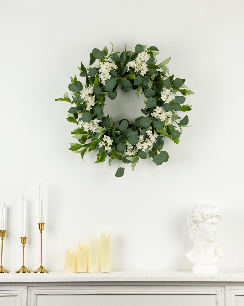 YUGALI 24â€™â€™ Spring Wreaths for Front Door - Artificial Green Eucalyptus with White Cherry Blossom, Daisy & Lavender, Grapevine Base for Farmhouse Porch Wedding Easter Decor Outdoor Year Round - Image 3