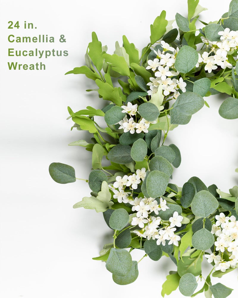 YUGALI 24â€™â€™ Spring Wreaths for Front Door - Artificial Green Eucalyptus with White Cherry Blossom, Daisy & Lavender, Grapevine Base for Farmhouse Porch Wedding Easter Decor Outdoor Year Round - Image 4