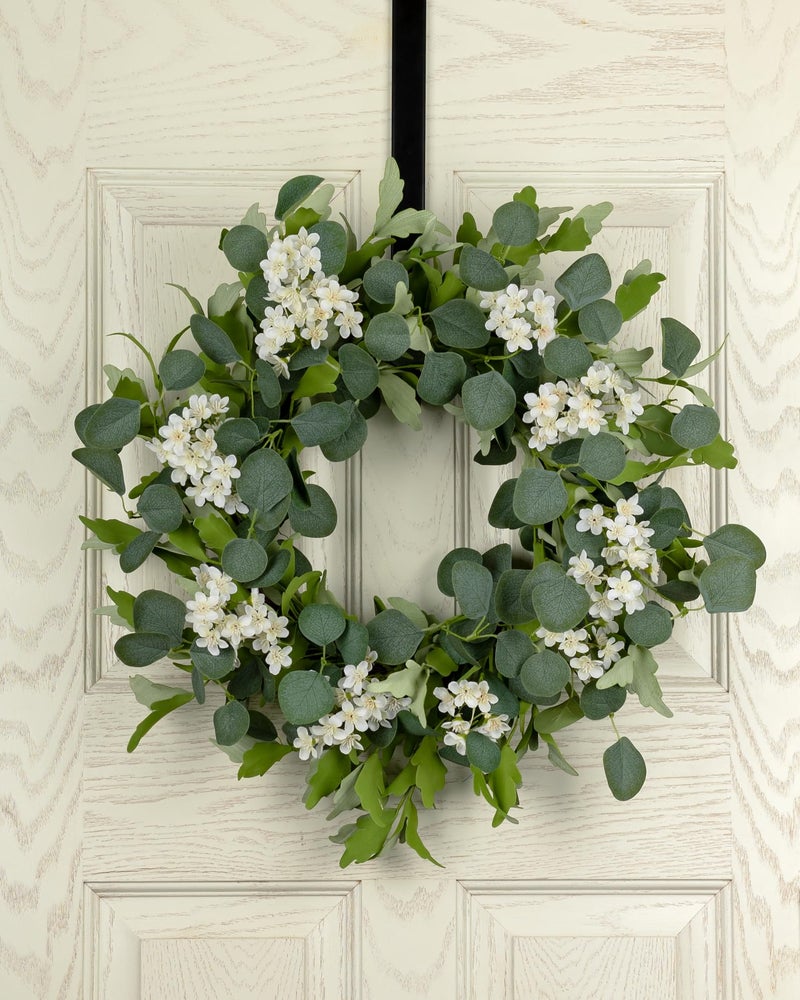 YUGALI 24â€™â€™ Spring Wreaths for Front Door - Artificial Green Eucalyptus with White Cherry Blossom, Daisy & Lavender, Grapevine Base for Farmhouse Porch Wedding Easter Decor Outdoor Year Round - Image 2