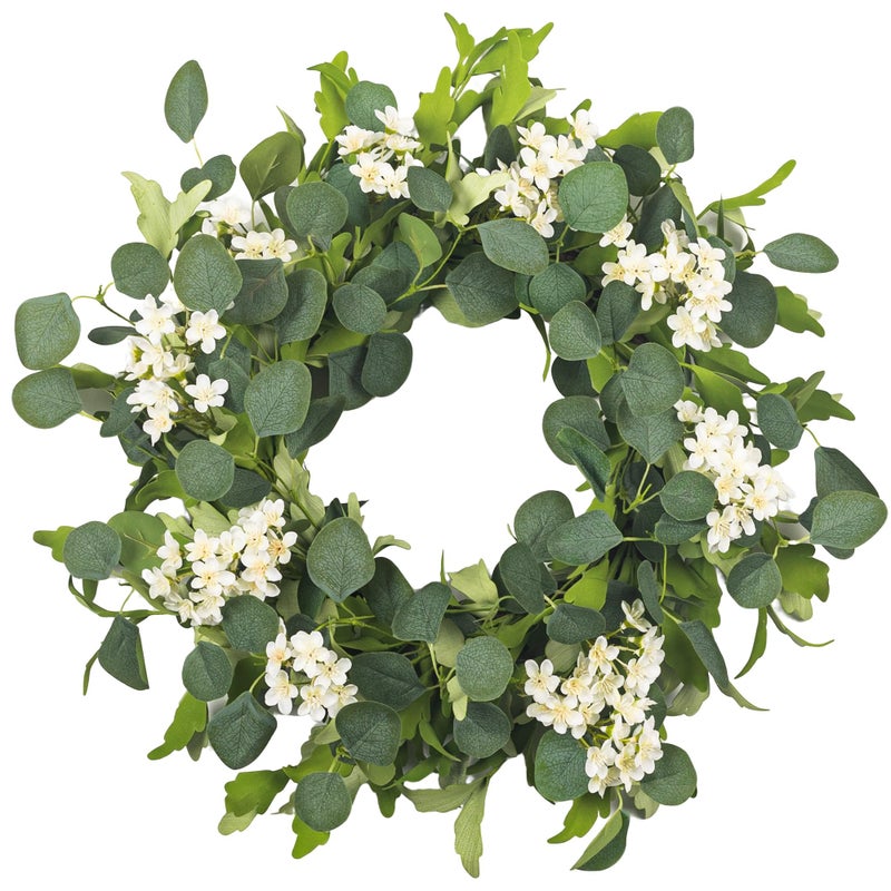 YUGALI 24â€™â€™ Spring Wreaths for Front Door - Artificial Green Eucalyptus with White Cherry Blossom, Daisy & Lavender, Grapevine Base for Farmhouse Porch Wedding Easter Decor Outdoor Year Round - Image 1