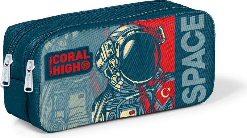 CORAL HIGH Kids Two Compartment Pencil Case Indigo Red Astronaut Patterned 22187  - Image 1