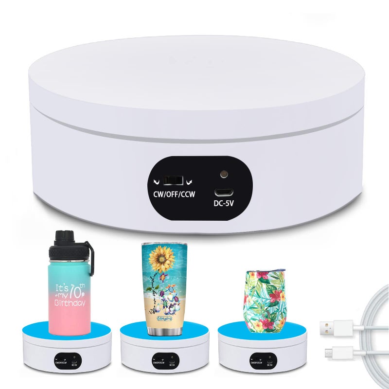 YVV Turner Cup Rotating Display Stand for Epoxy Glitter Tumbler 360 Degree Automatic Mute Rotating Turntable for Photography Products and Shows Bling Bling Tumbler Making Supplies Spinner White USB