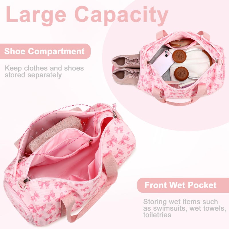 BTOOP Duffle Bag for Gym Sports Women Girls Workout Travel Bag Weekender with Shoe Compartment and Wet Pocket (Pink Bow-Star) - Image 3