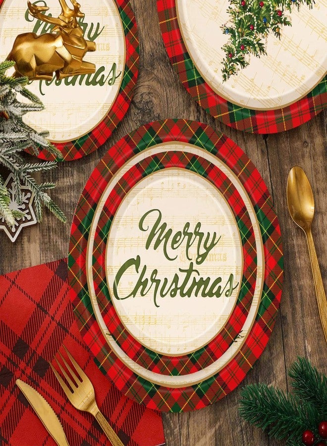 JarThenaAMCS 150Pcs Christmas Party Supplies Kit Xmas Tree Plaid Tableware Set Vintage Disposable Dinnerware Paper Napkin Plate Plastic Fork Knives Spoon for 25 Guests Winter Party Favor - Image 3
