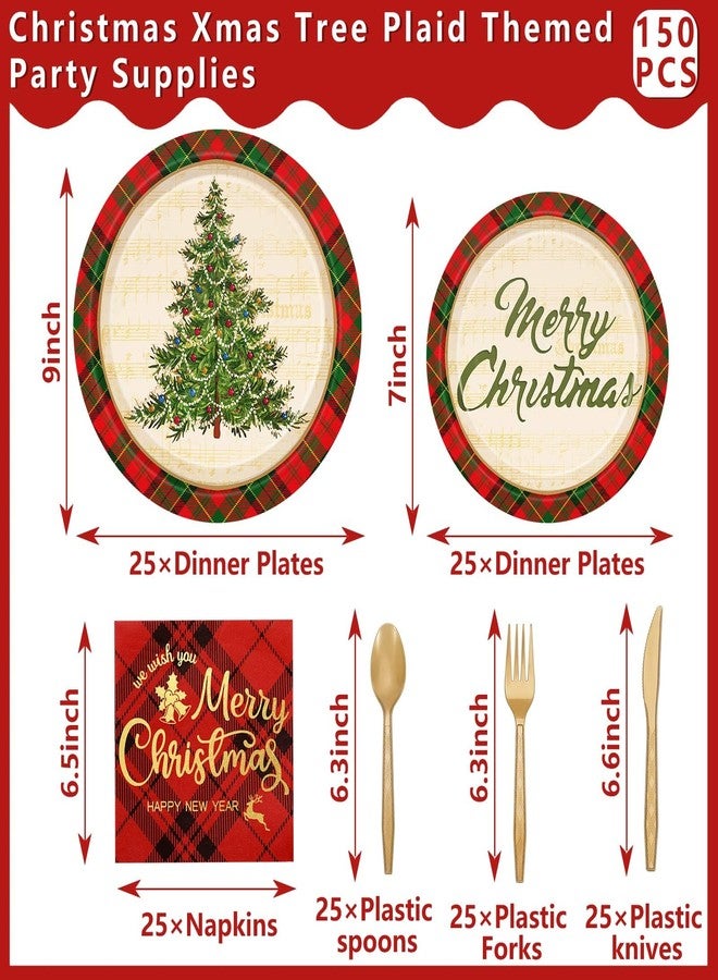 JarThenaAMCS 150Pcs Christmas Party Supplies Kit Xmas Tree Plaid Tableware Set Vintage Disposable Dinnerware Paper Napkin Plate Plastic Fork Knives Spoon for 25 Guests Winter Party Favor - Image 2