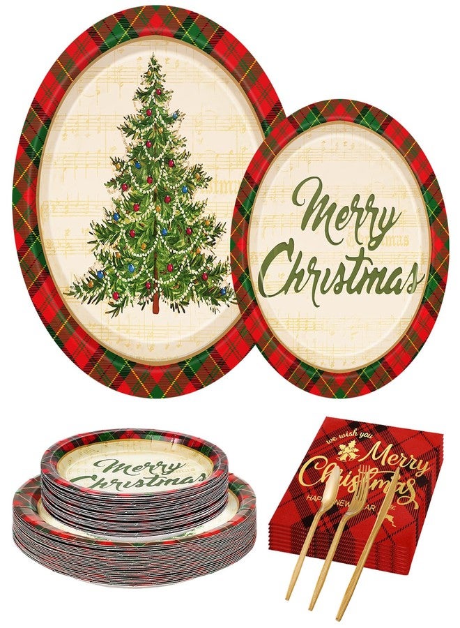 JarThenaAMCS 150Pcs Christmas Party Supplies Kit Xmas Tree Plaid Tableware Set Vintage Disposable Dinnerware Paper Napkin Plate Plastic Fork Knives Spoon for 25 Guests Winter Party Favor - Image 1