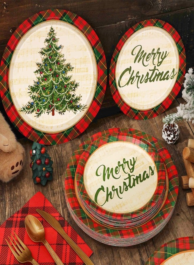 JarThenaAMCS 150Pcs Christmas Party Supplies Kit Xmas Tree Plaid Tableware Set Vintage Disposable Dinnerware Paper Napkin Plate Plastic Fork Knives Spoon for 25 Guests Winter Party Favor - Image 5