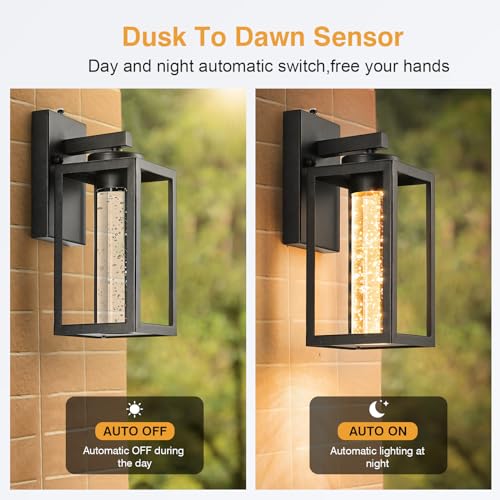 VIANIS 2 Pack Exterior Garage Lighting Fixtures Wall Mount, Modern Black Outdoor Porch Lights for House with Crystal Bubble Glass, 100% Aluminum Built-in 10W LED Outdoor Wall Sconce Lights Lantern - Image 2