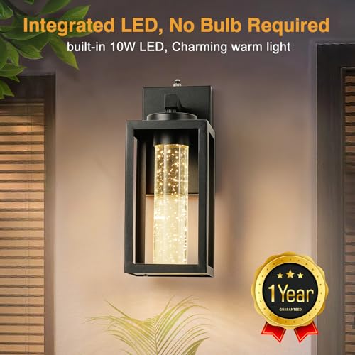 VIANIS 2 Pack Exterior Garage Lighting Fixtures Wall Mount, Modern Black Outdoor Porch Lights for House with Crystal Bubble Glass, 100% Aluminum Built-in 10W LED Outdoor Wall Sconce Lights Lantern - Image 3