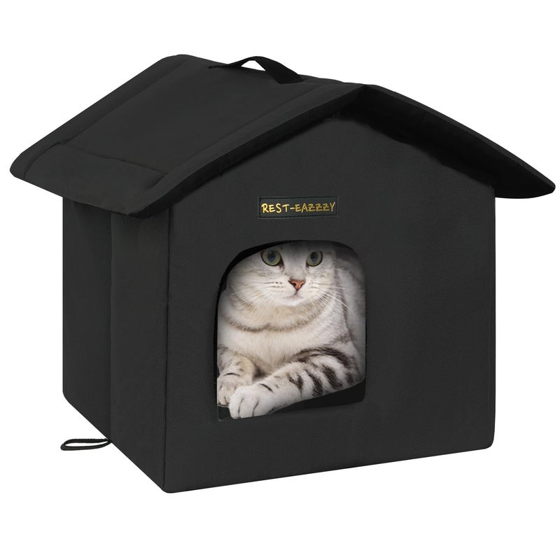 Rest-Eazzzy Cat House for Outdoor Cats, Weatherproof and Insulated Feral Cat House with Mat and Canopy, Easy to Put Together, Selfwarming Cat Shelter for Winter(13 * 13 * 14" Black with Support) - Image 1