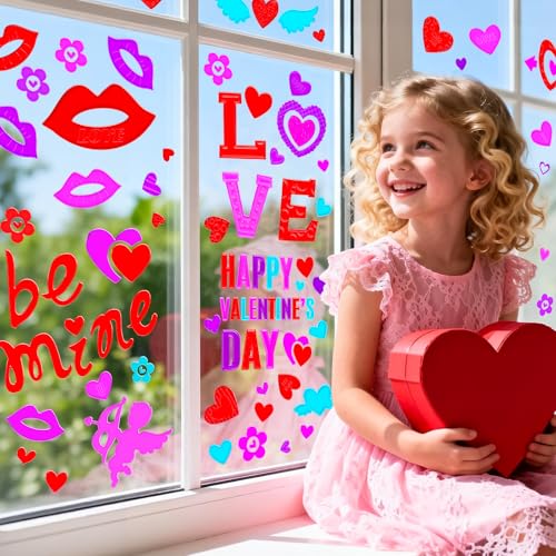 Natonhi 6 Sheets Valentine's Day Gel Window Clings Love Heart Window Stickers Reusable and Removable Windows Decals for Wedding Party Home Decor - Image 5