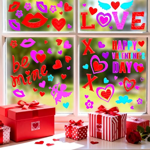 Natonhi 6 Sheets Valentine's Day Gel Window Clings Love Heart Window Stickers Reusable and Removable Windows Decals for Wedding Party Home Decor - Image 2