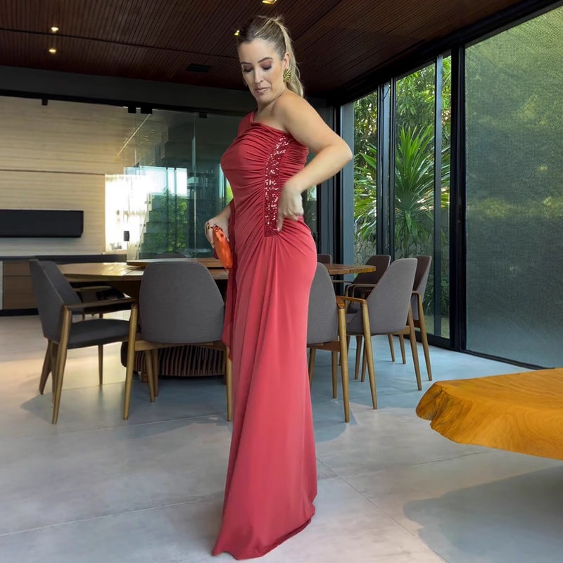 Women'S Fashion Oblique Collar Pleated Slim Red Dress - Image 3