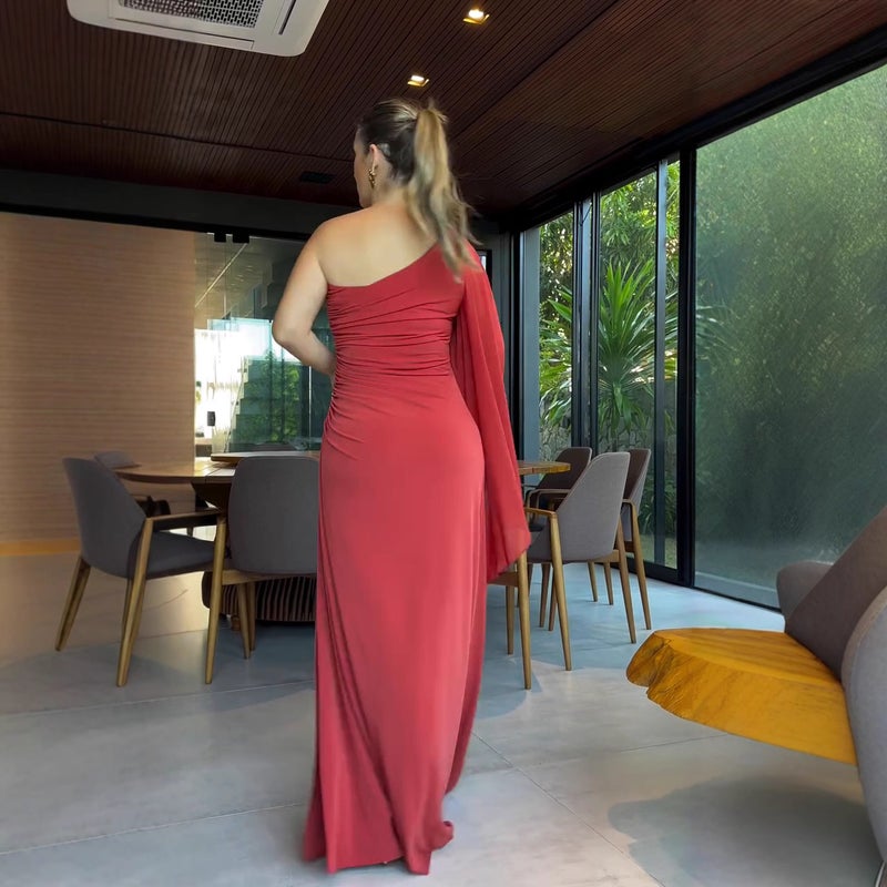 Women'S Fashion Oblique Collar Pleated Slim Red Dress - Image 4