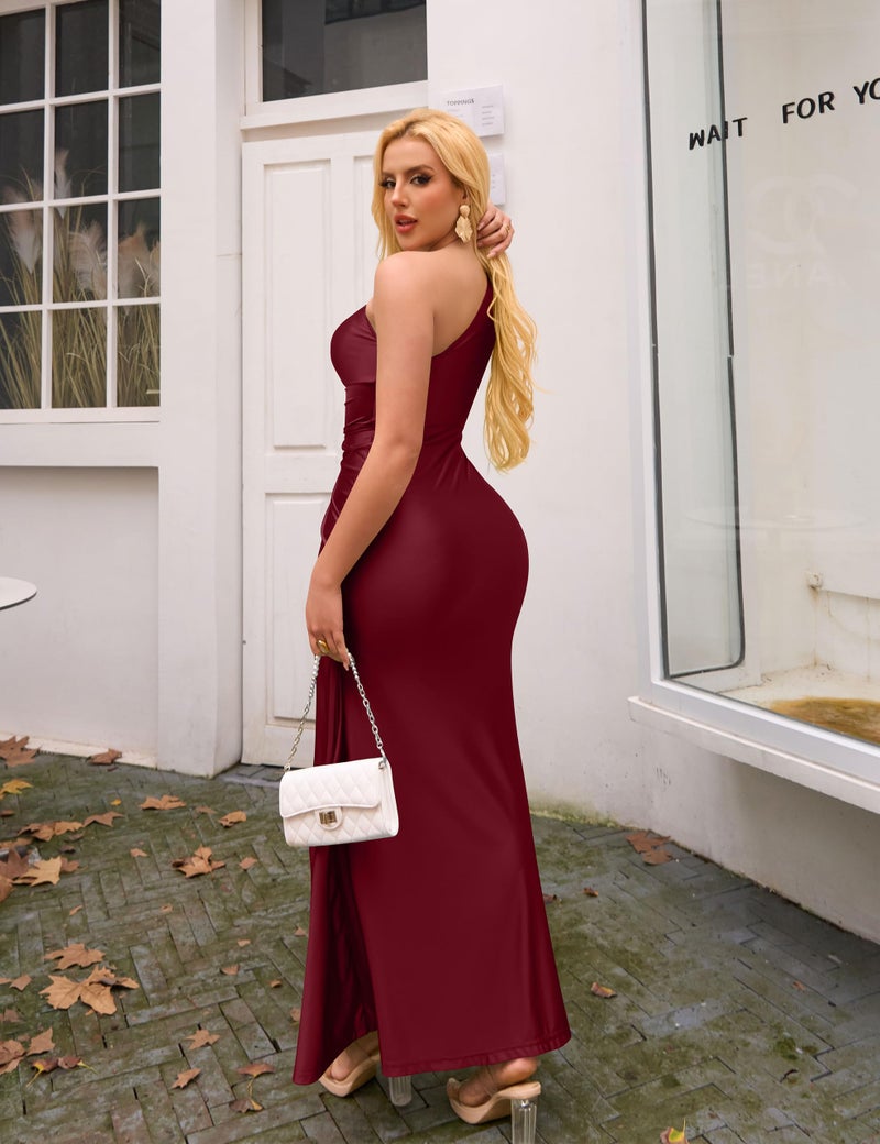 YMDUCH Women's Elegant One Shoulder Sleeveless Twist Waist Bodycon Party Long Dress WineRed - Image 2