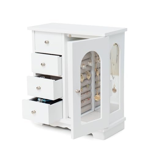 ZGZD White Jewelry Box for Girls Wooden Makeup and Accessories Organizer Ring Storage with 4 Drawers and Swing Door - Image 2
