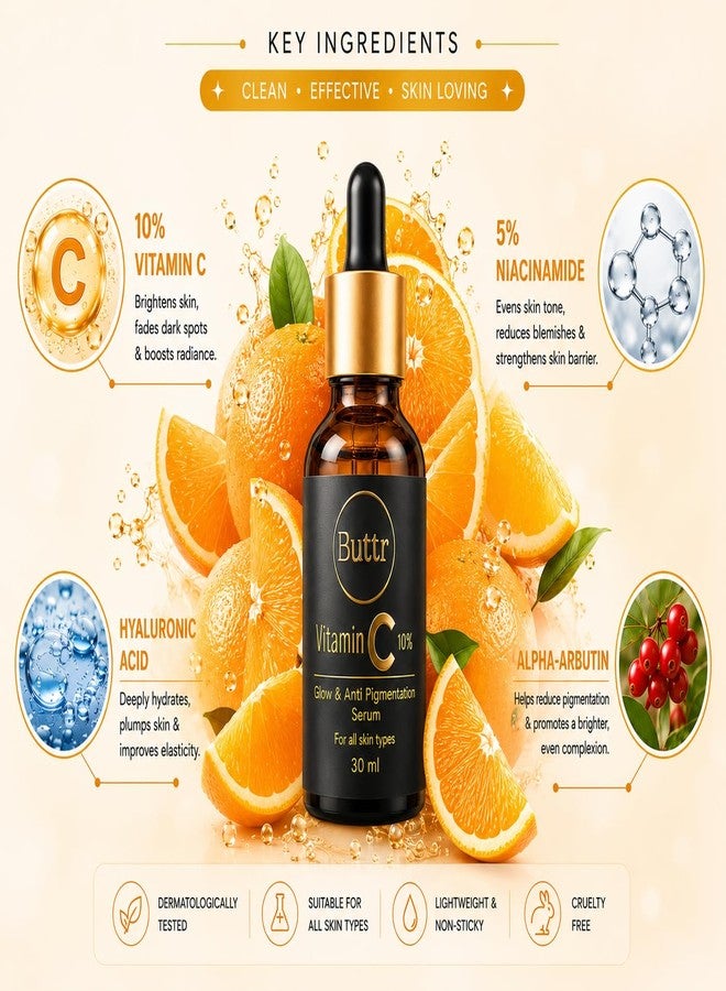 Buttr 10% Vitamin C Face Serum for Glowing Skin | Brightening Formula Helps Reduce Dark Spots & Uneven Skin Tone | Lightweight Daily Serum for All Skin Types | Men & Women | 30 ml - Image 4