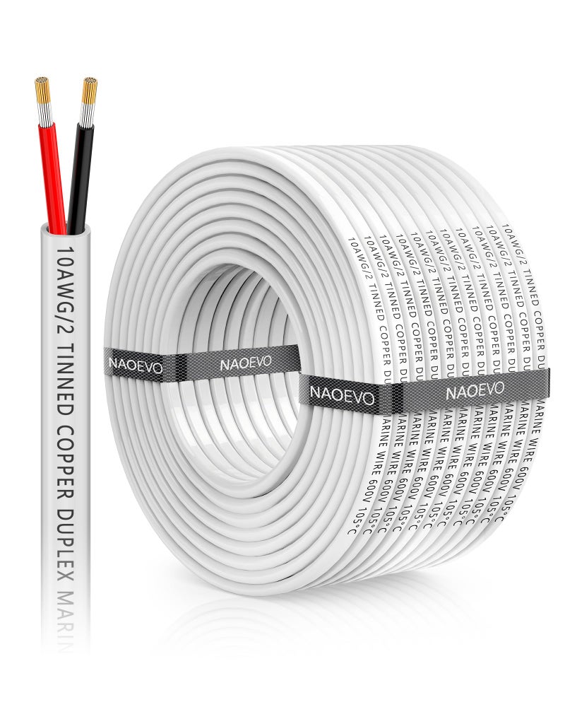 NAOEVO 10 Gauge Marine Wire Duplex, 10 AWG Stranded PVC Marine Electrical Wire, Waterproof/Corrosion Resistant/Tinned Copper Electrical Cable for Boat/Automotive/RV/Solar (60FT) - Image 1