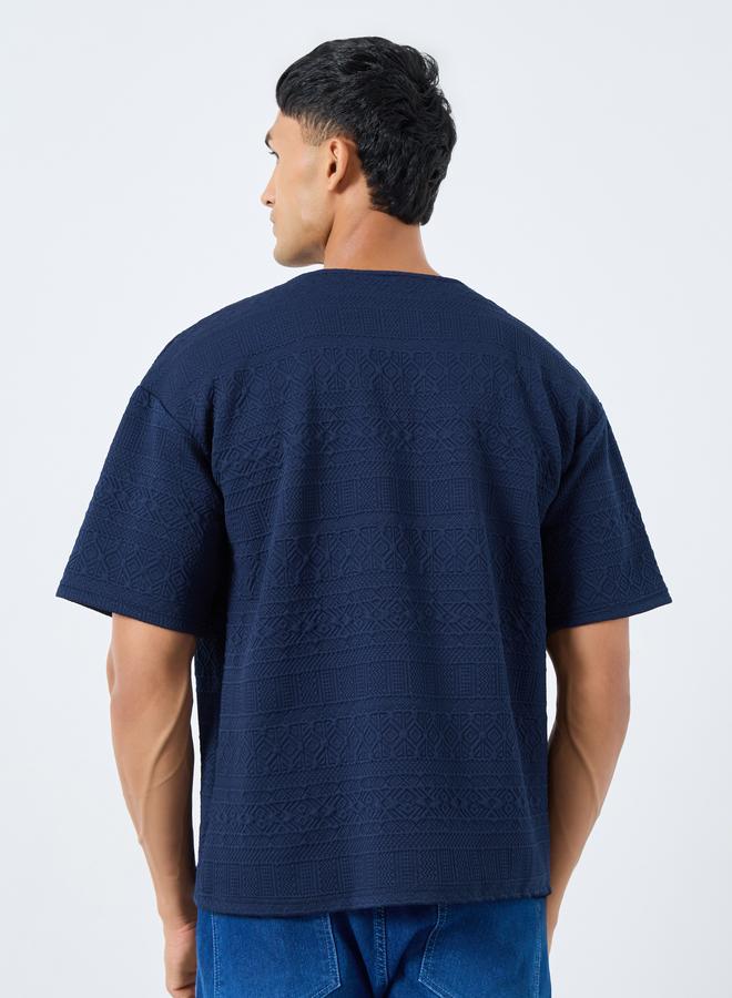 Styli Navy Blue Textured Oversized Notch Neck T-Shirt - Image 4