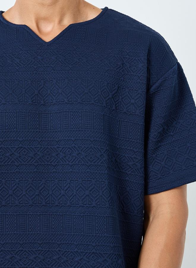 Styli Navy Blue Textured Oversized Notch Neck T-Shirt - Image 3